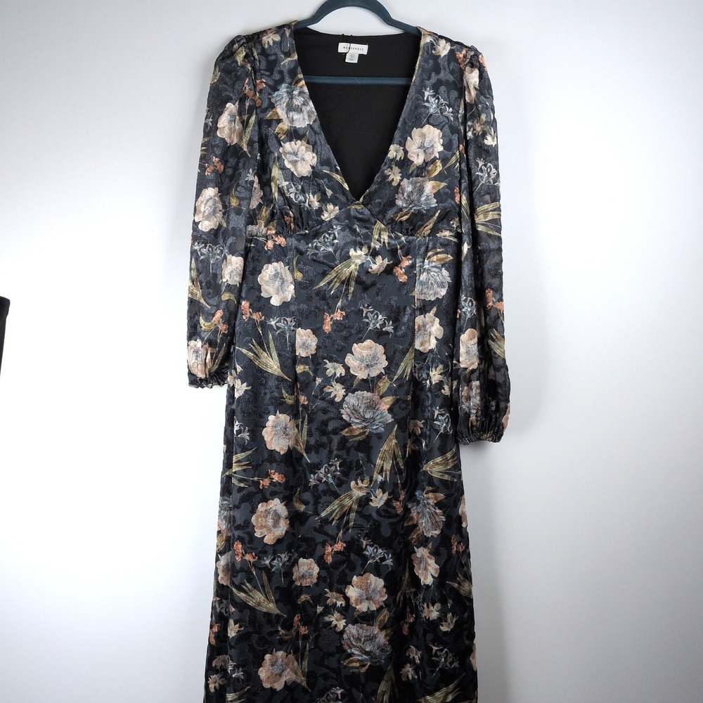 Warehouse Womens Sz 8 Premium Printed Velvet VNeck Midi Tea Blue Botanical Dress
